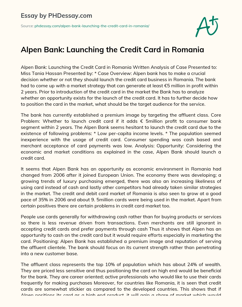 Alpen Bank: Launching the Credit Card in Romania essay