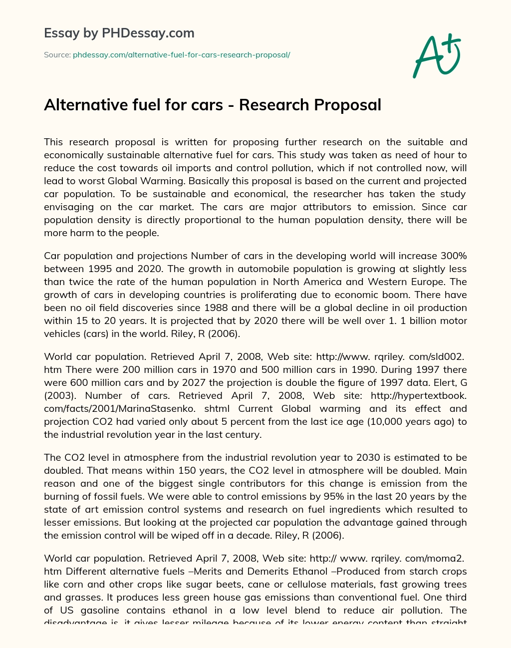 Alternative Fuel for Cars – Research Proposal essay