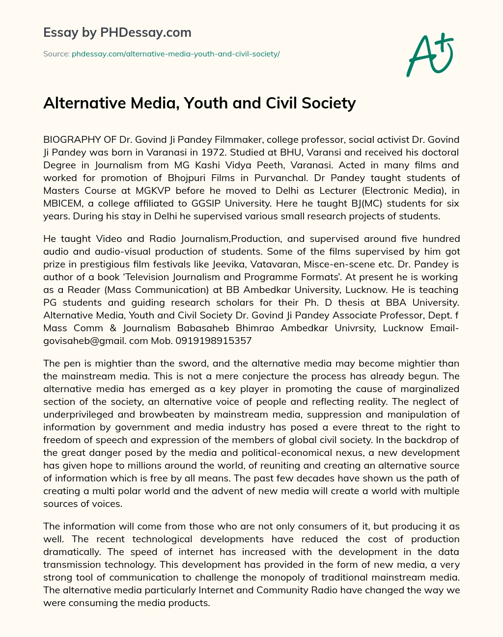 Alternative Media, Youth and Civil Society essay
