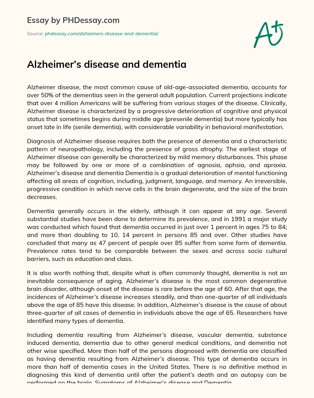 Alzheimer’s disease and dementia essay