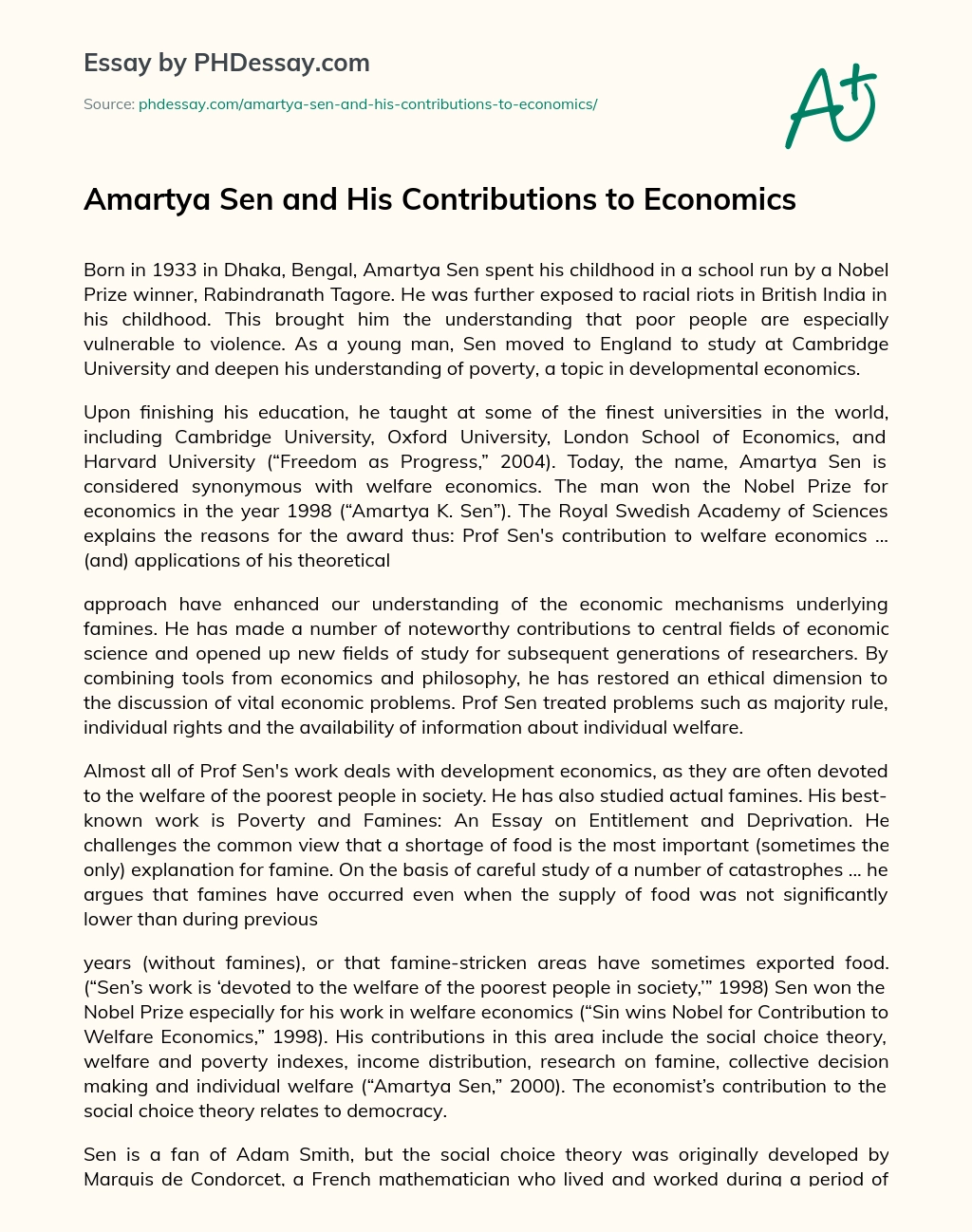 Amartya Sen and His Contributions to Economics essay