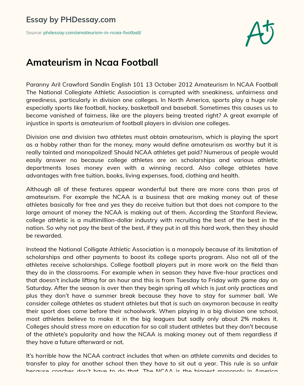 Amateurism in Ncaa Football essay