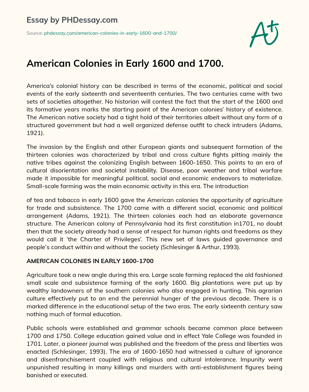 American Colonies in Early 1600 and 1700. essay