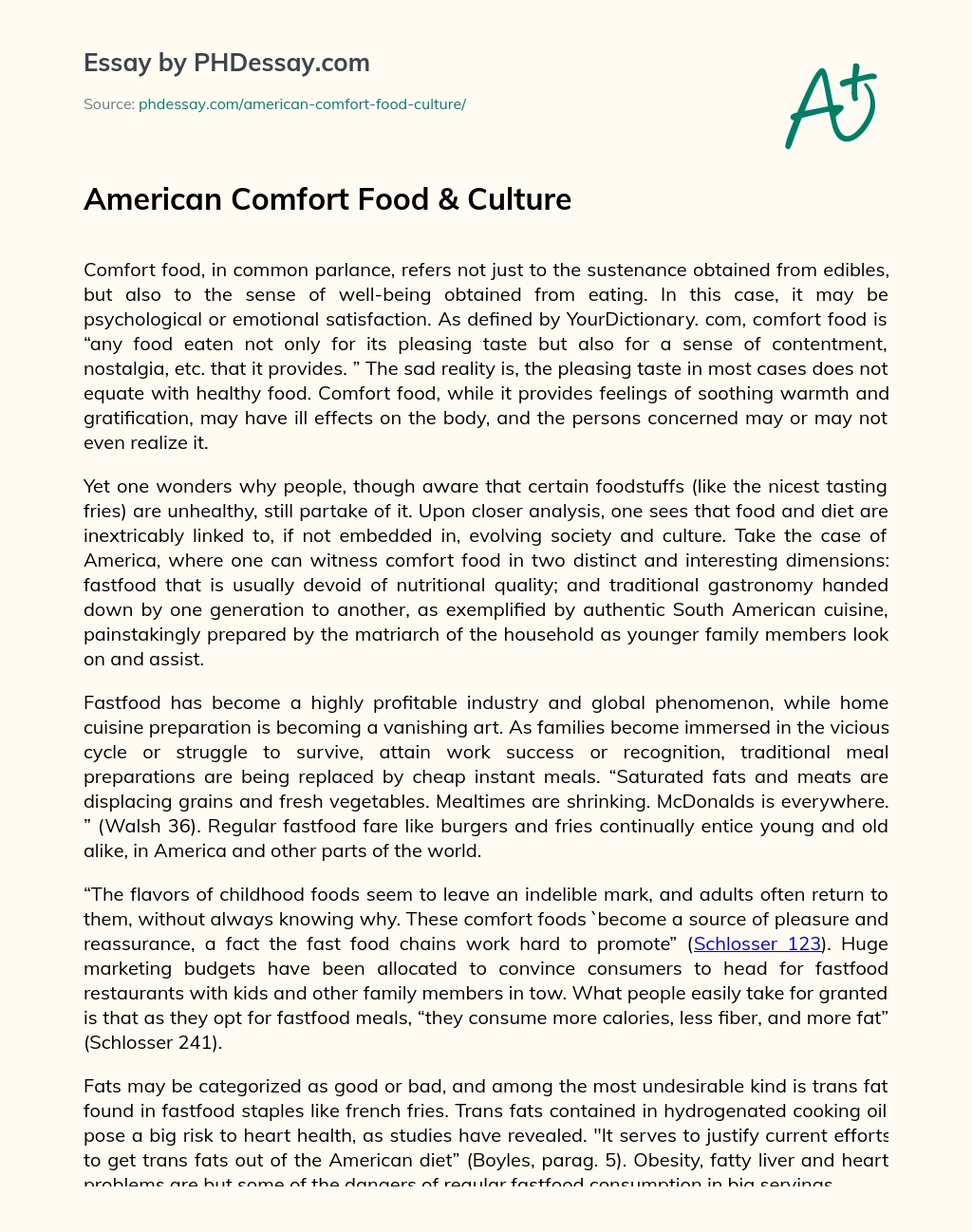 American Comfort Food & Culture essay