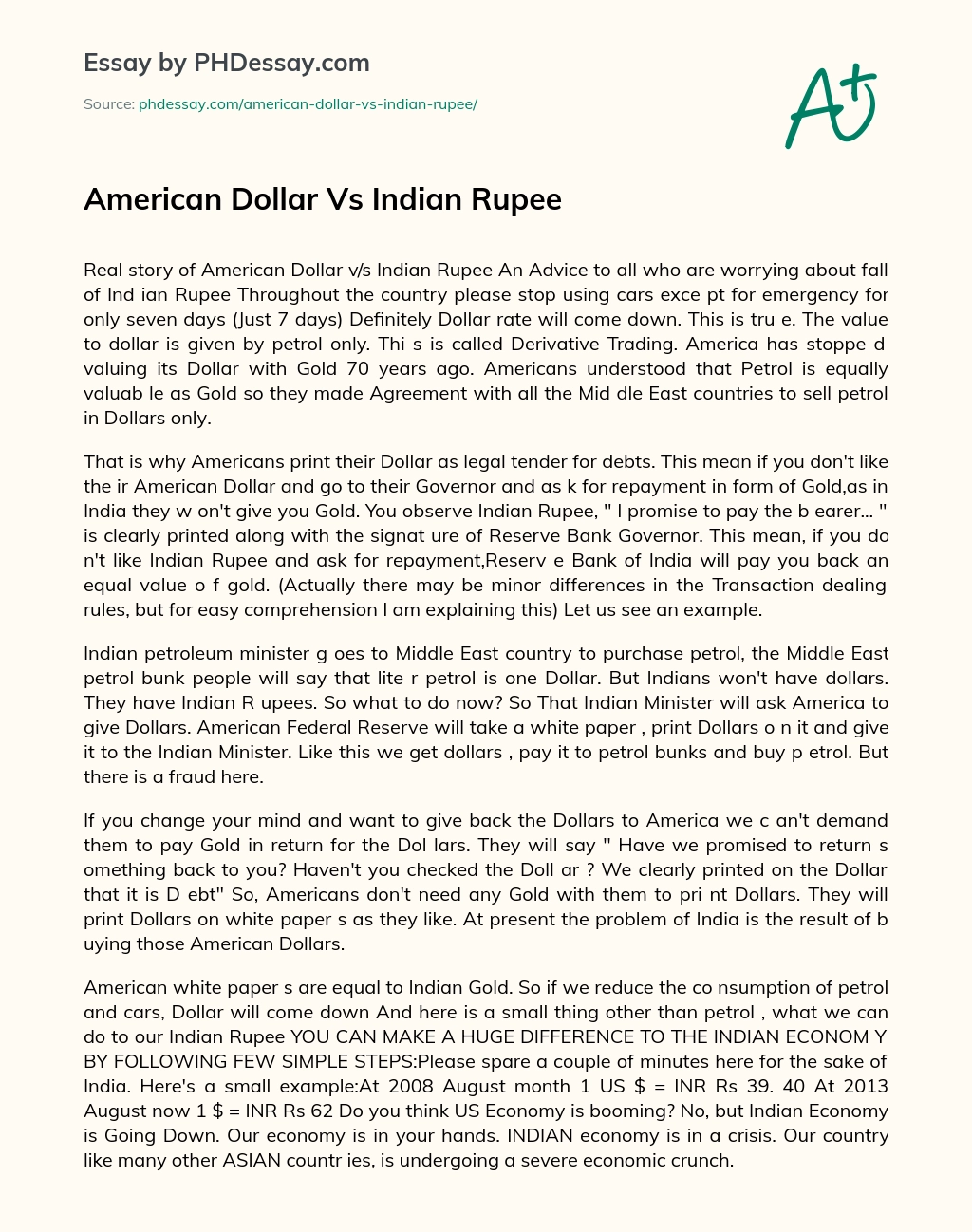 American Dollar Vs Indian Rupee essay