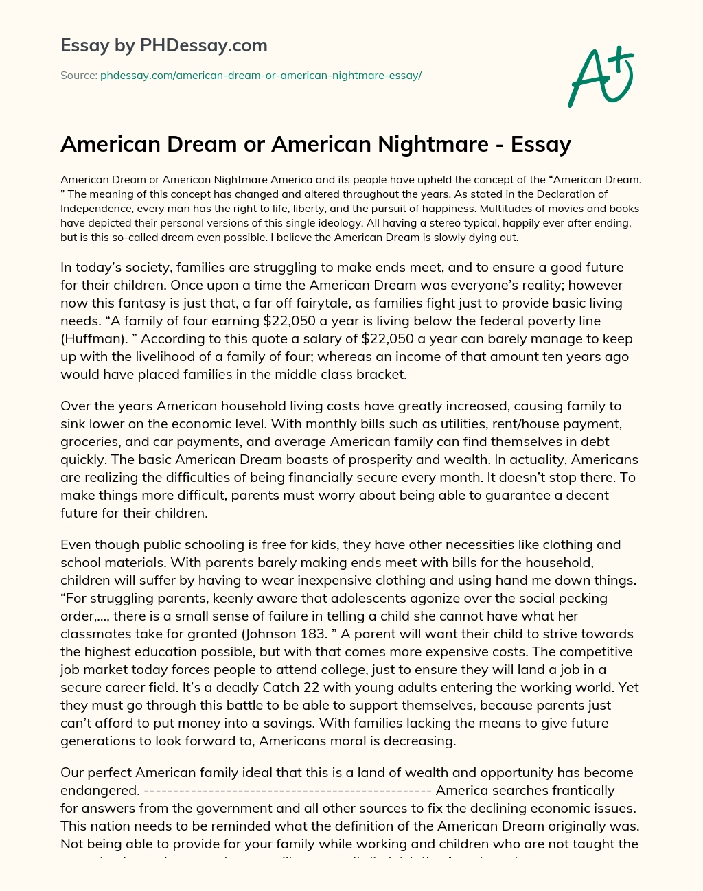 The Slow Death of the American Dream: Struggles of Families to Make Ends Meet essay