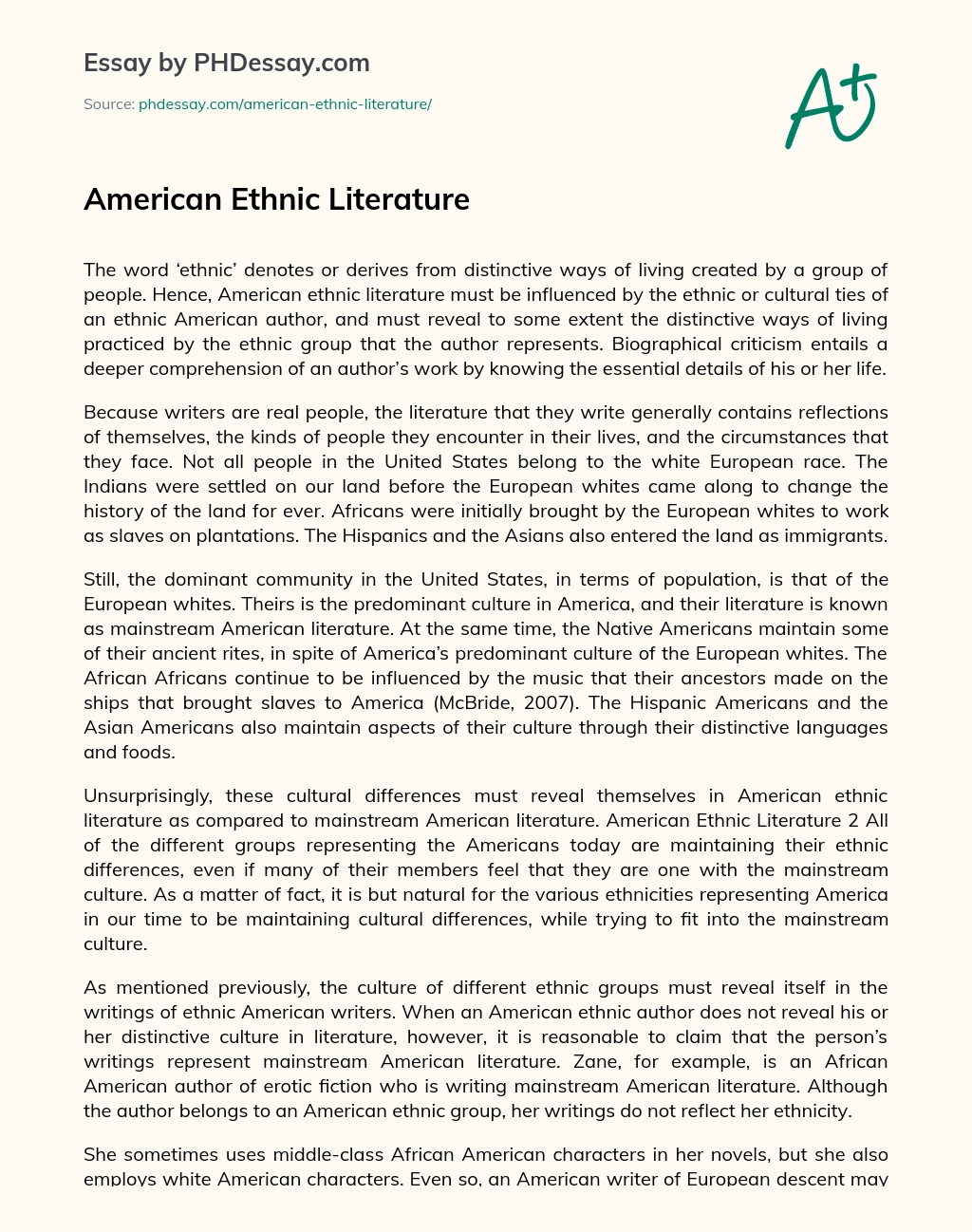 American Ethnic Literature essay
