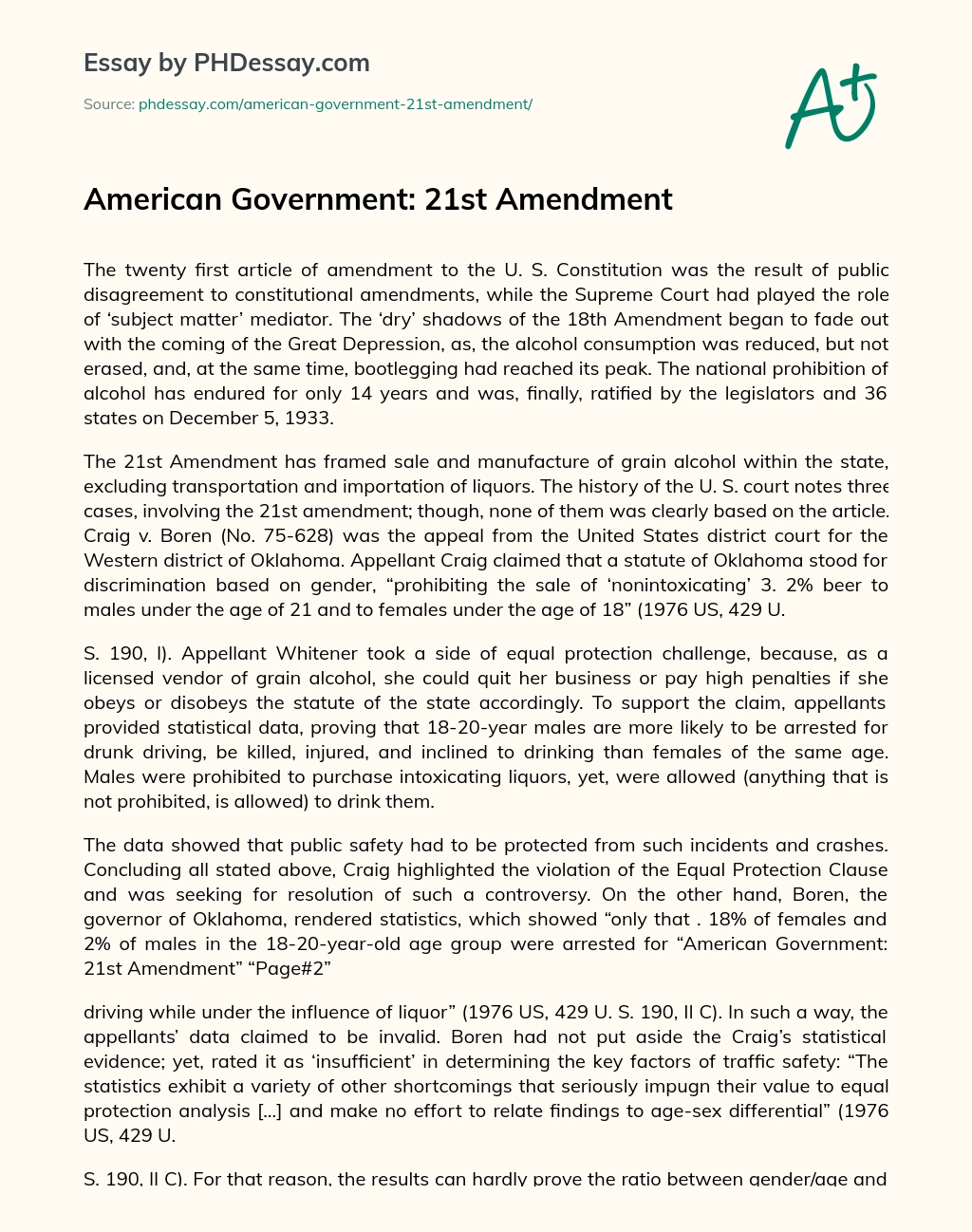 American Government: 21st Amendment essay