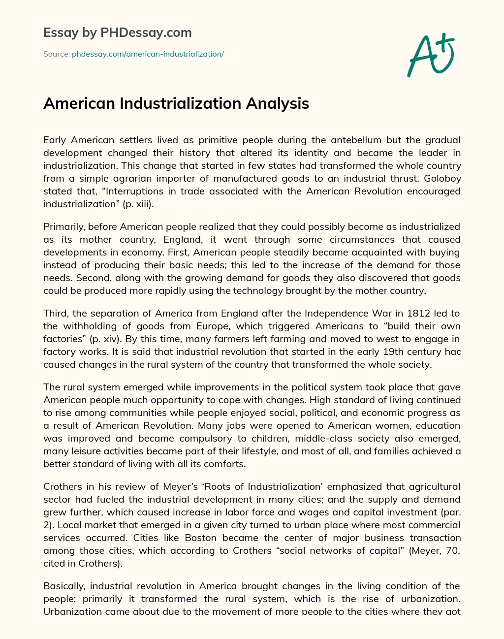 American Industrialization Analysis essay