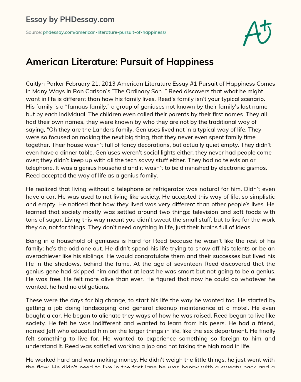 American Literature: Pursuit of Happiness essay