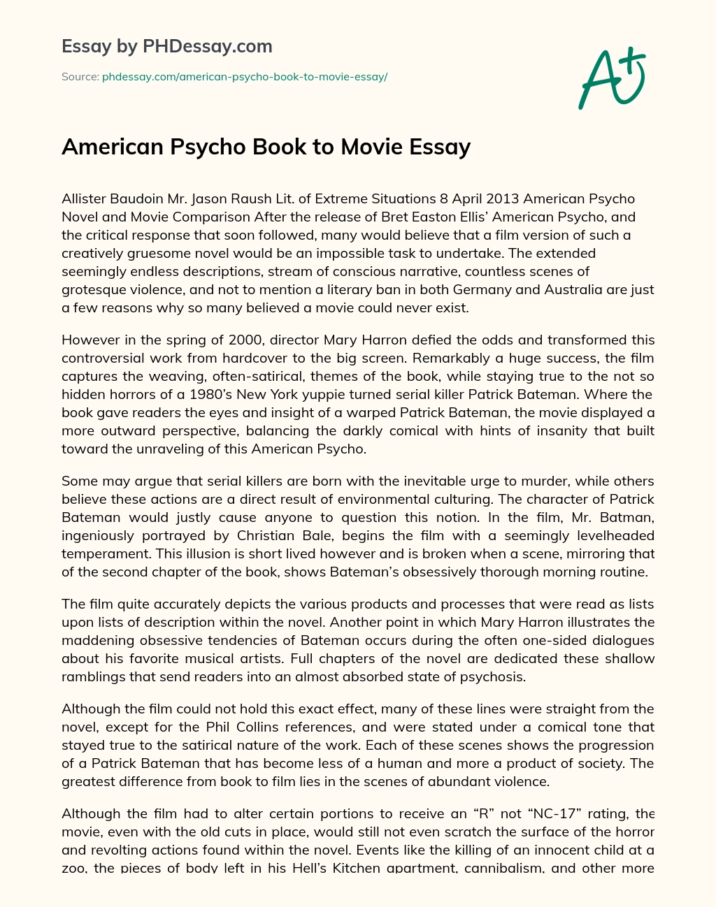 American Psycho Book to Movie Essay essay