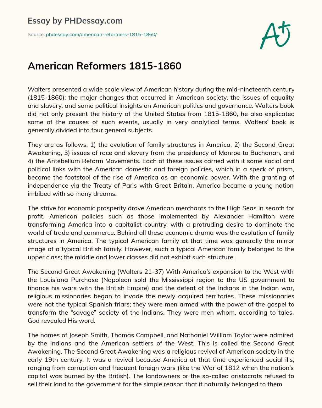 American Reformers 1815-1860 essay