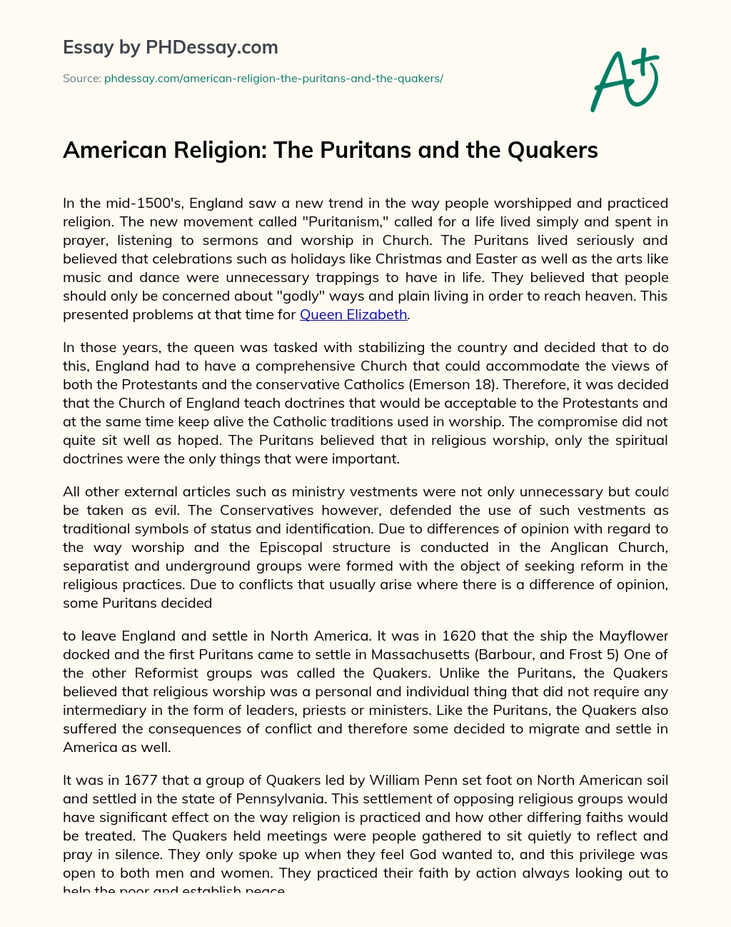 American Religion: The Puritans and the Quakers essay
