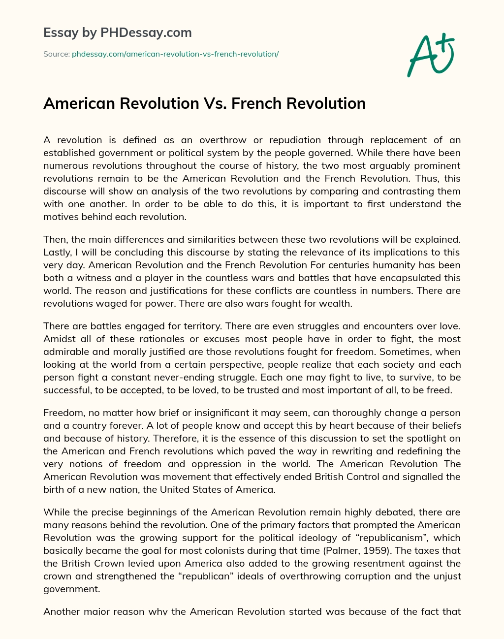 American Revolution Vs. French Revolution essay