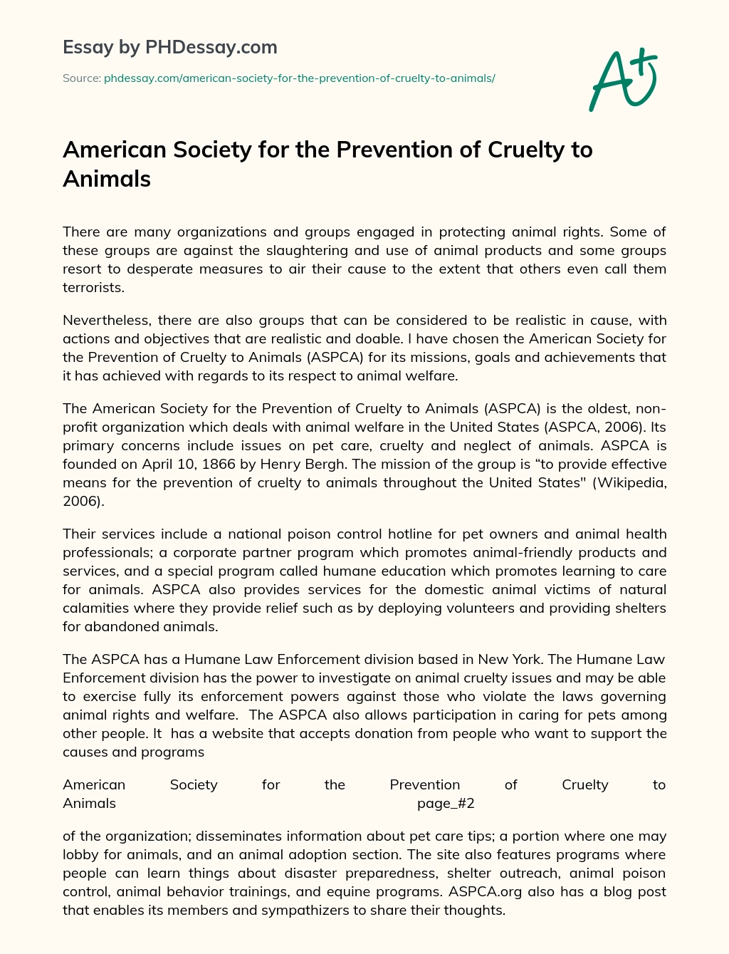 American Society for the Prevention of Cruelty to Animals essay