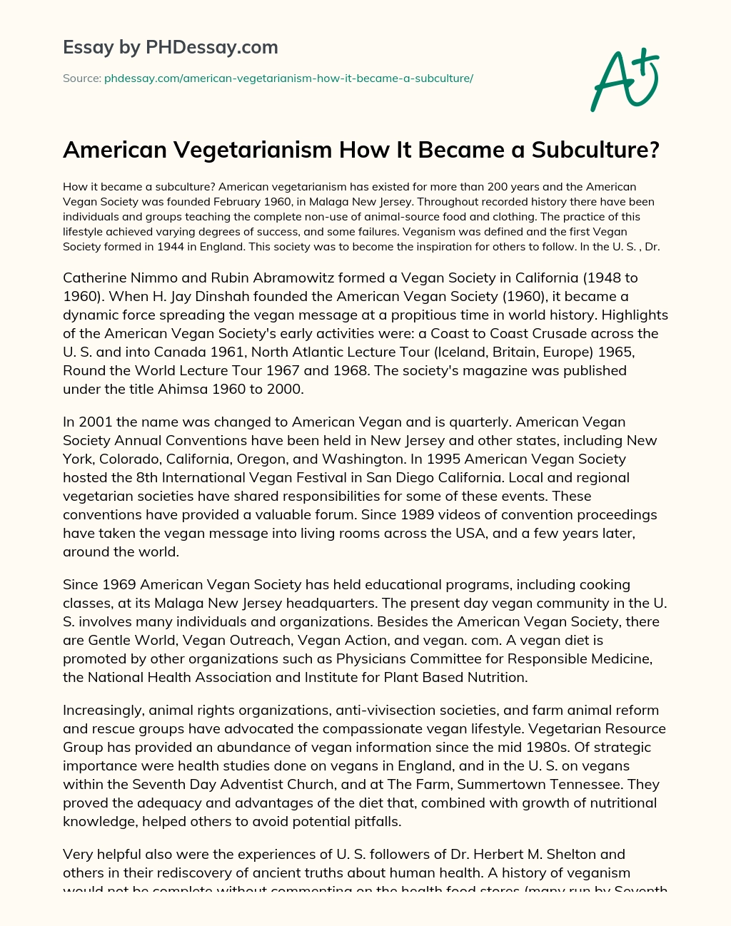 American Vegetarianism How It Became a Subculture? essay