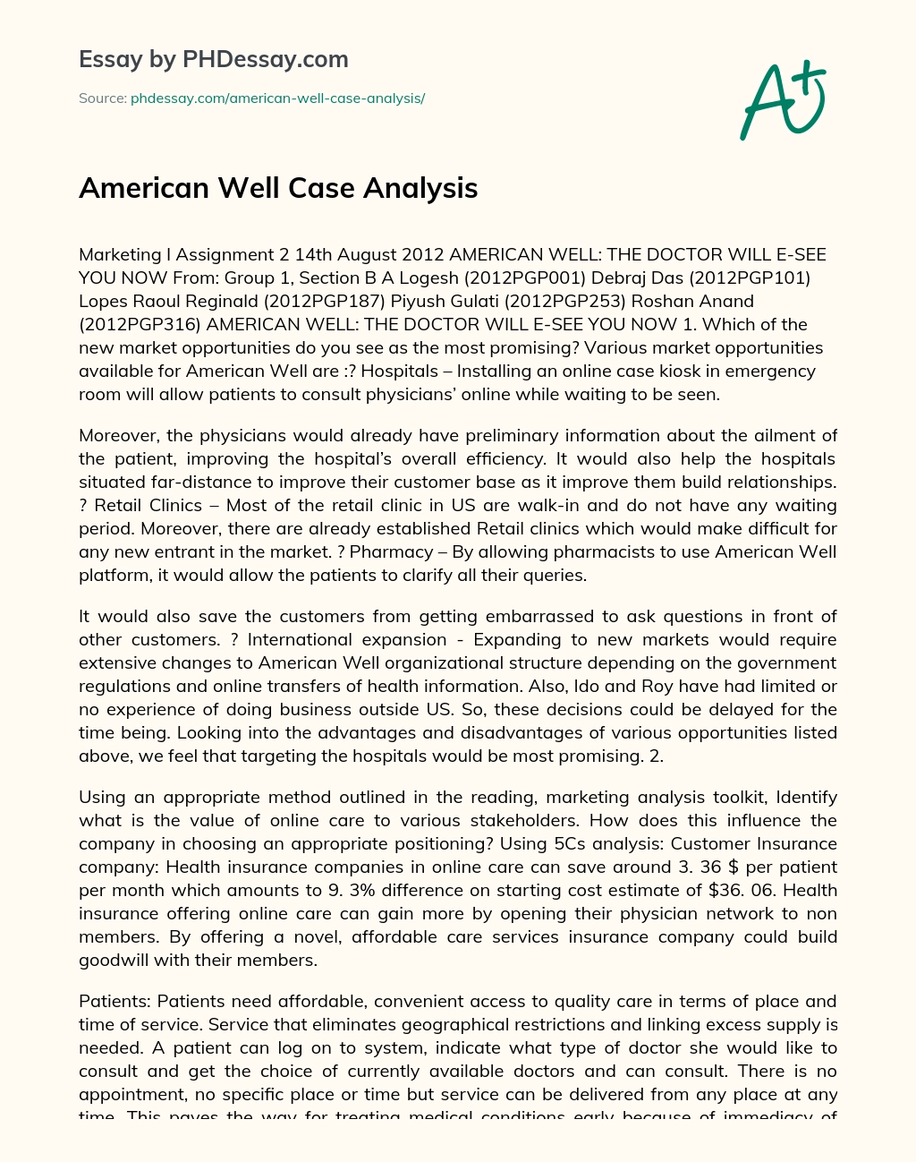 American Well Case Analysis essay