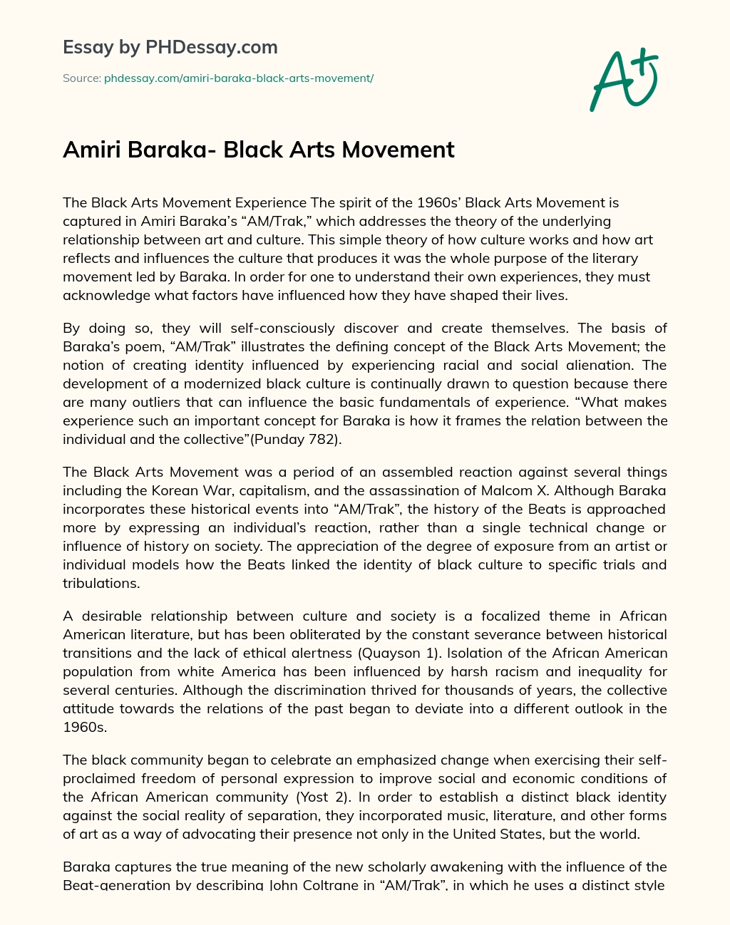 Amiri Baraka- Black Arts Movement essay