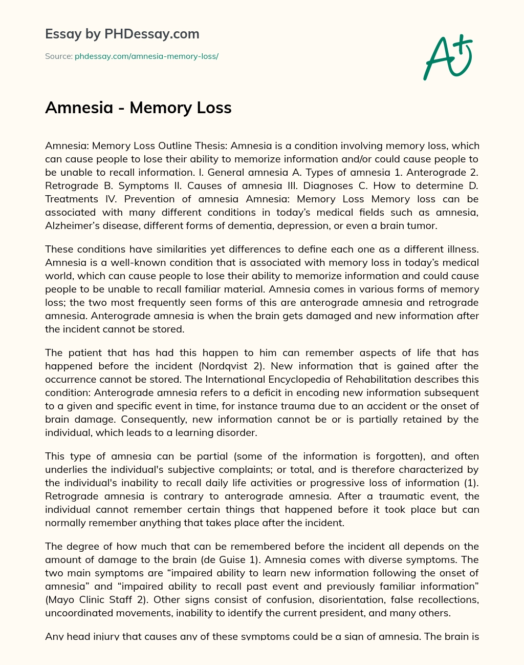 Amnesia – Memory Loss essay
