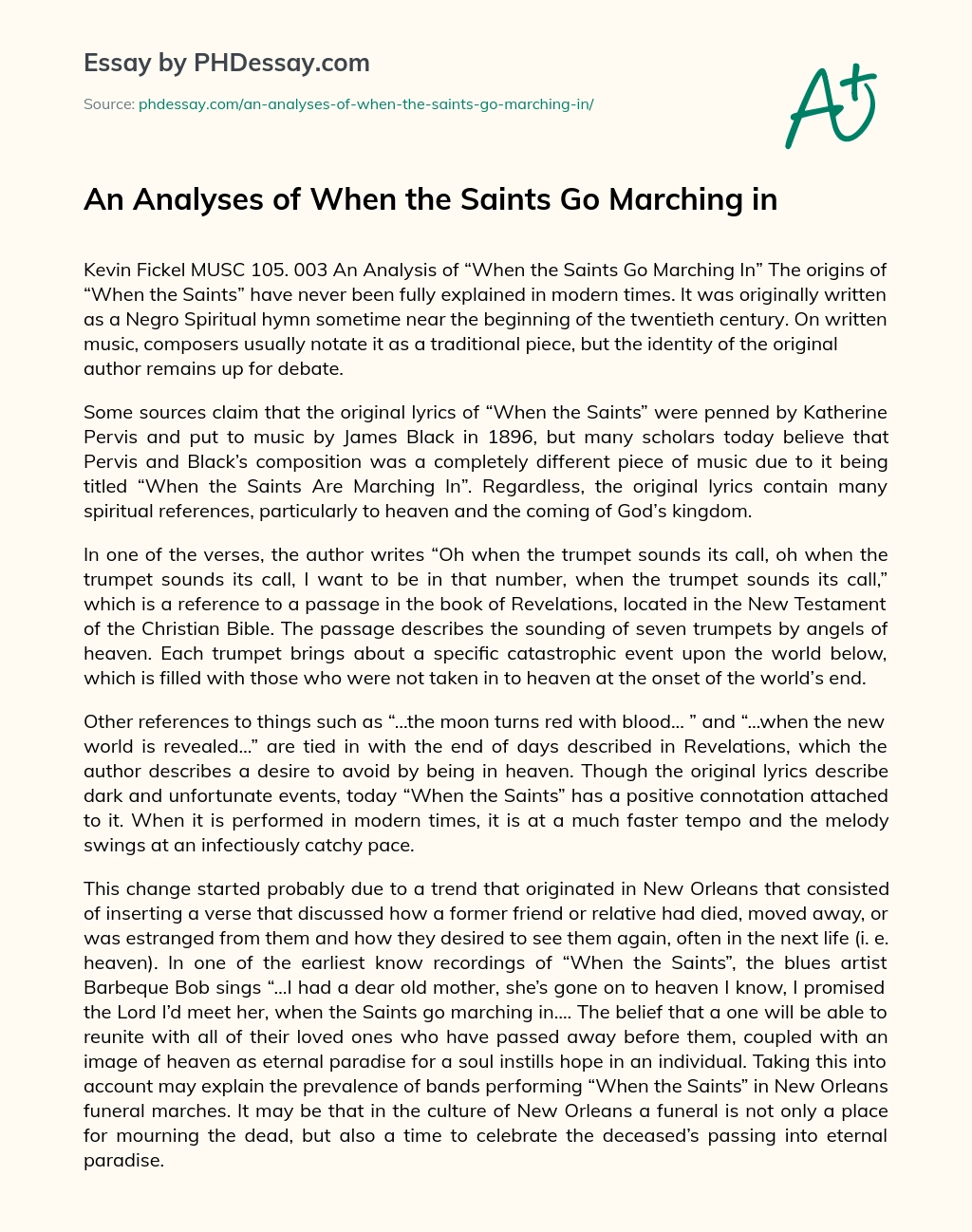 An Analyses of When the Saints Go Marching in essay
