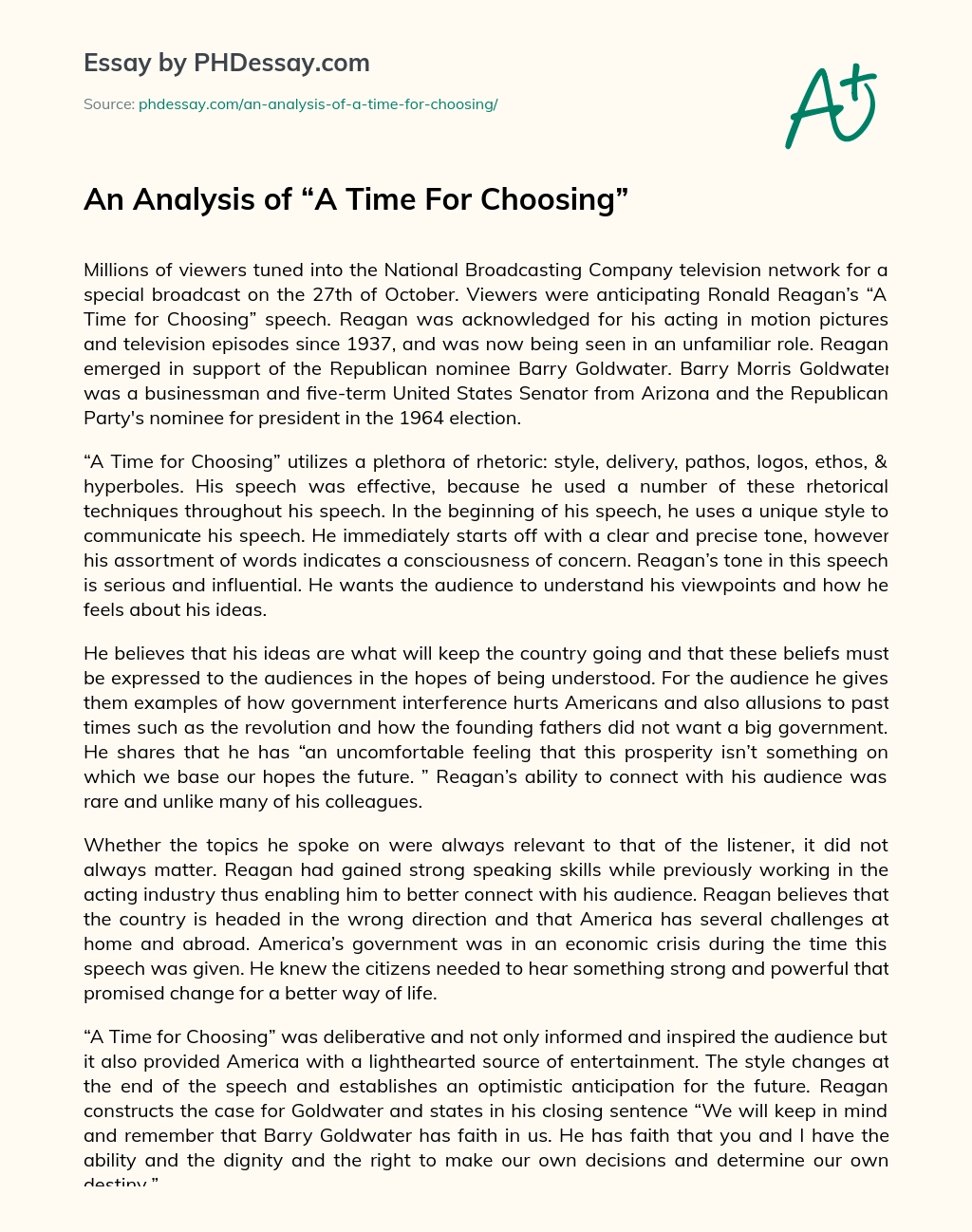 An Analysis of “A Time For Choosing” essay
