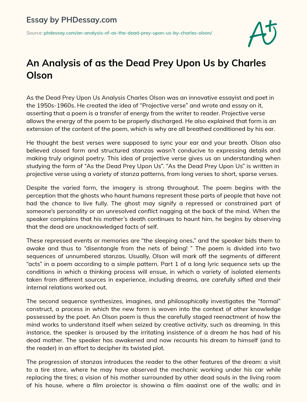 An Analysis of as the Dead Prey Upon Us by Charles Olson essay