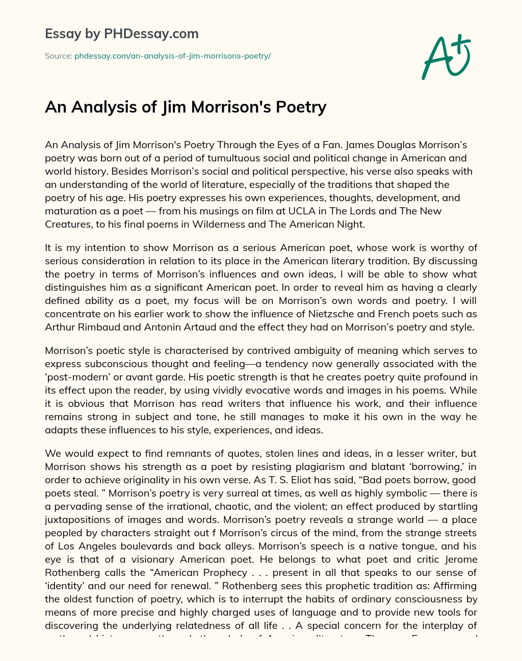 An Analysis Of Jim Morrison S Poetry Phdessay Com