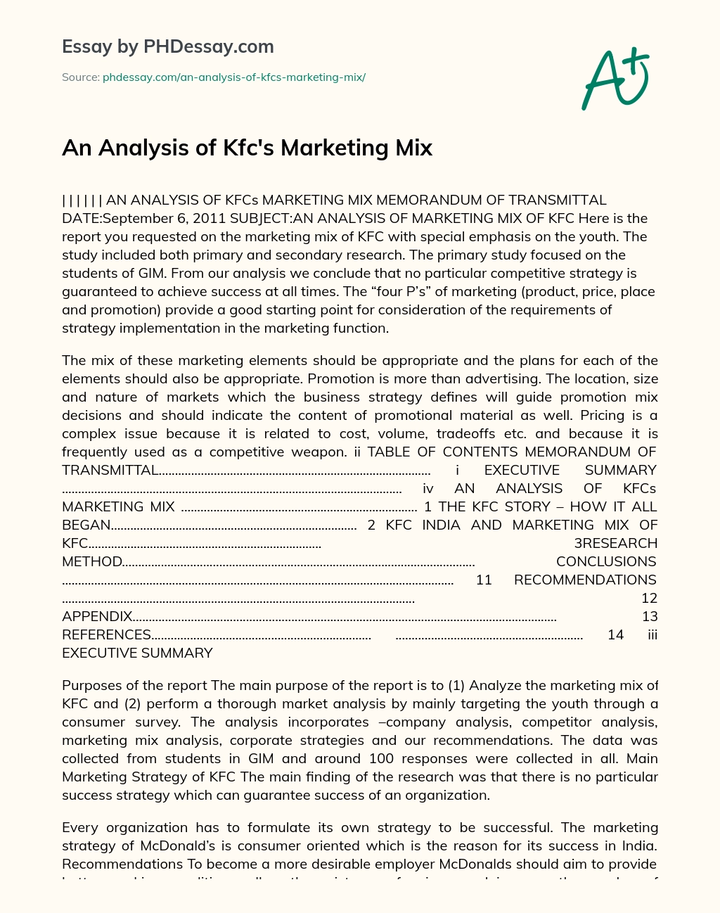 An Analysis of Kfc’s Marketing Mix essay