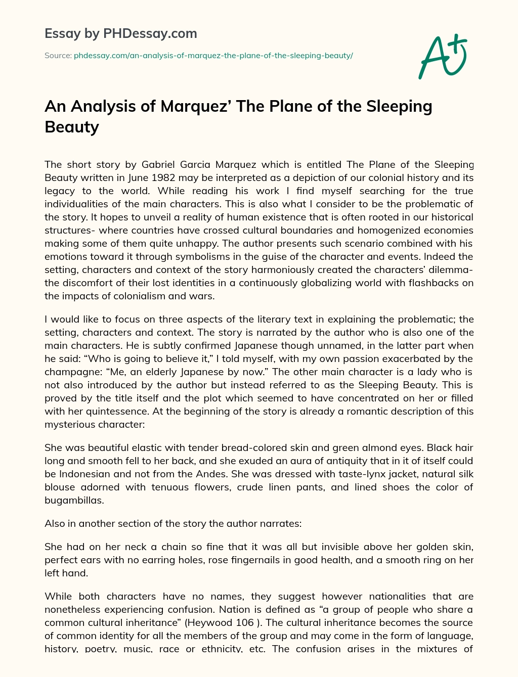 An Analysis of Marquez’ The Plane of the Sleeping Beauty essay