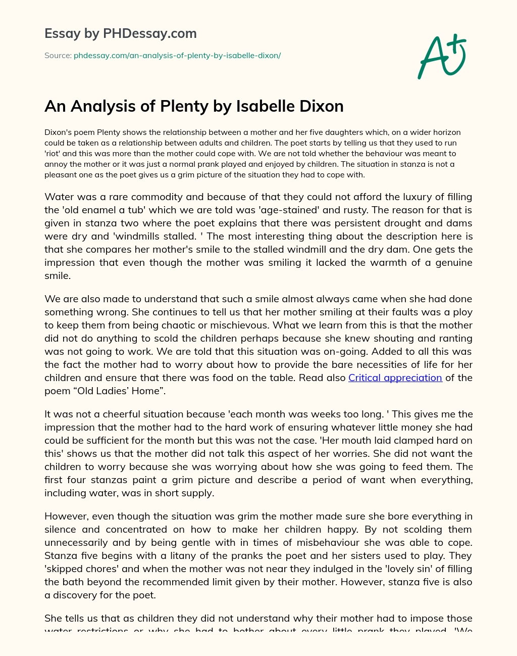 An Analysis of Plenty by Isabelle Dixon essay