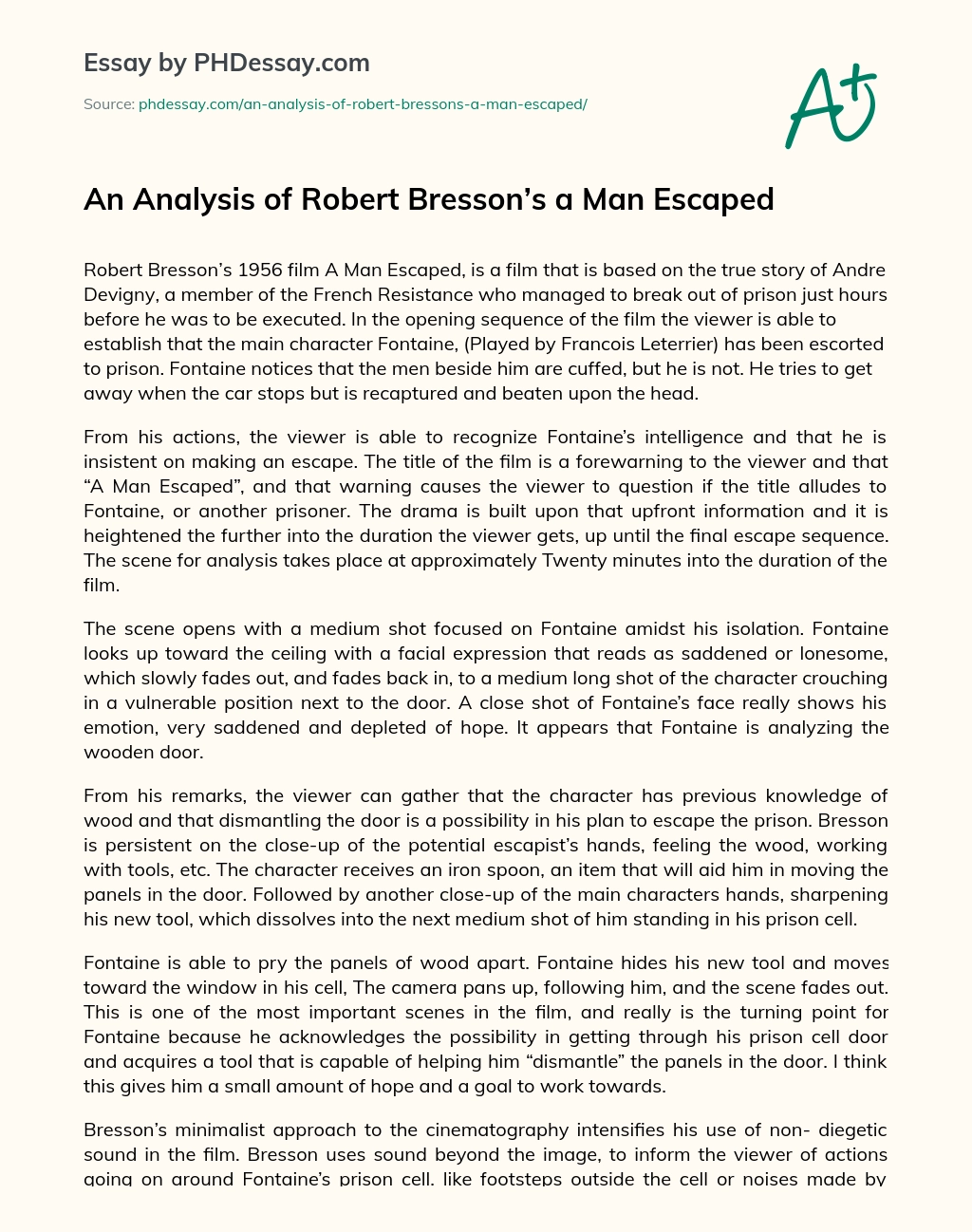An Analysis of Robert Bresson’s a Man Escaped essay