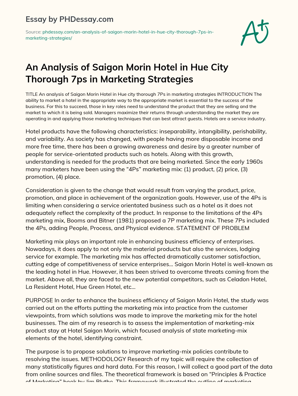 An Analysis of Saigon Morin Hotel in Hue City Thorough 7ps in Marketing Strategies essay
