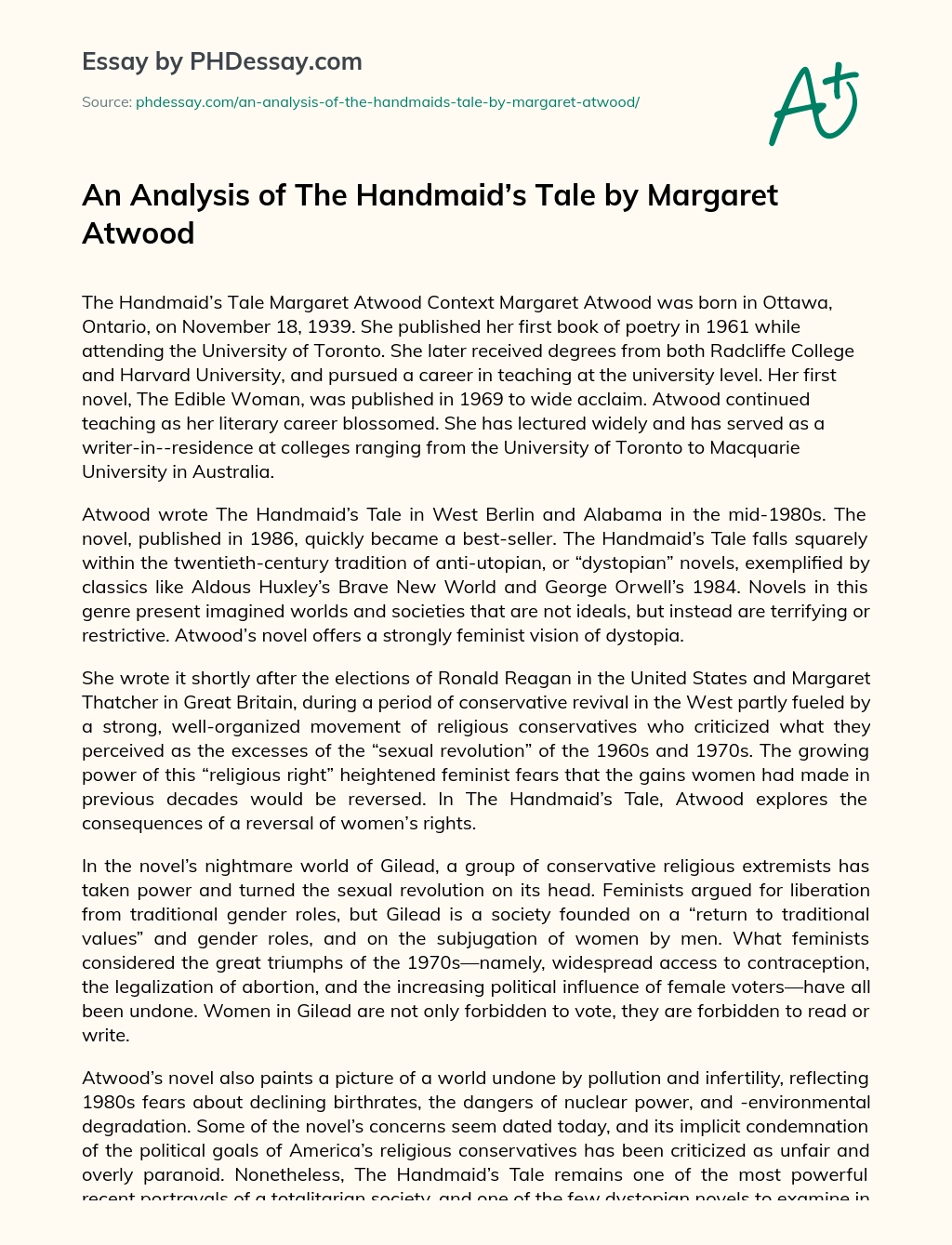 An Analysis of The Handmaid’s Tale by Margaret Atwood essay