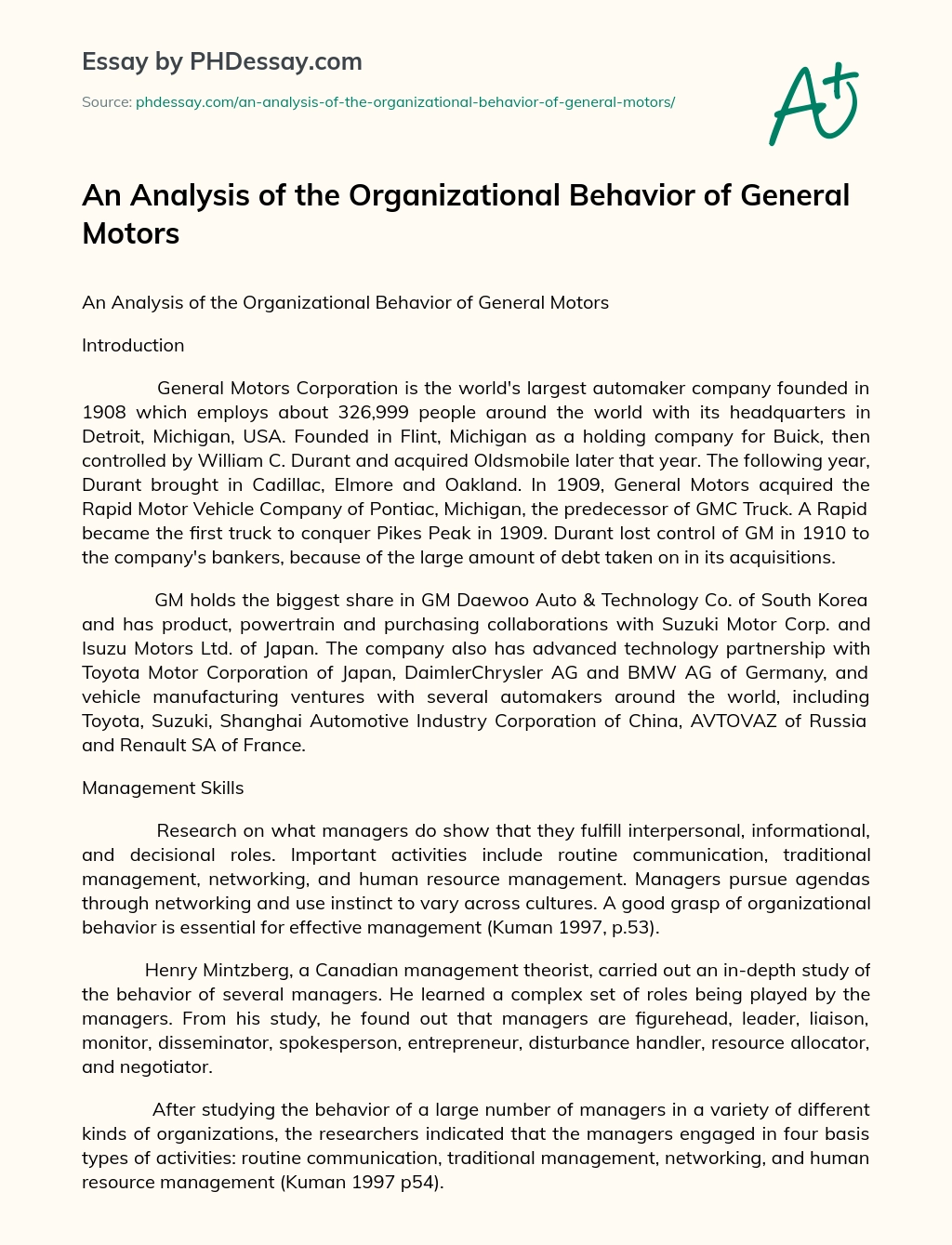 An Analysis of the Organizational Behavior of General Motors essay