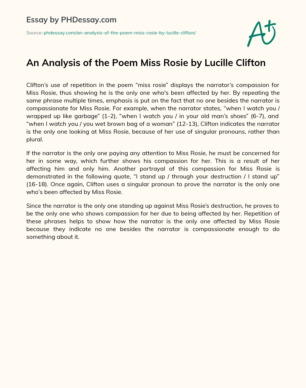 An Analysis of the Poem Miss Rosie by Lucille Clifton essay