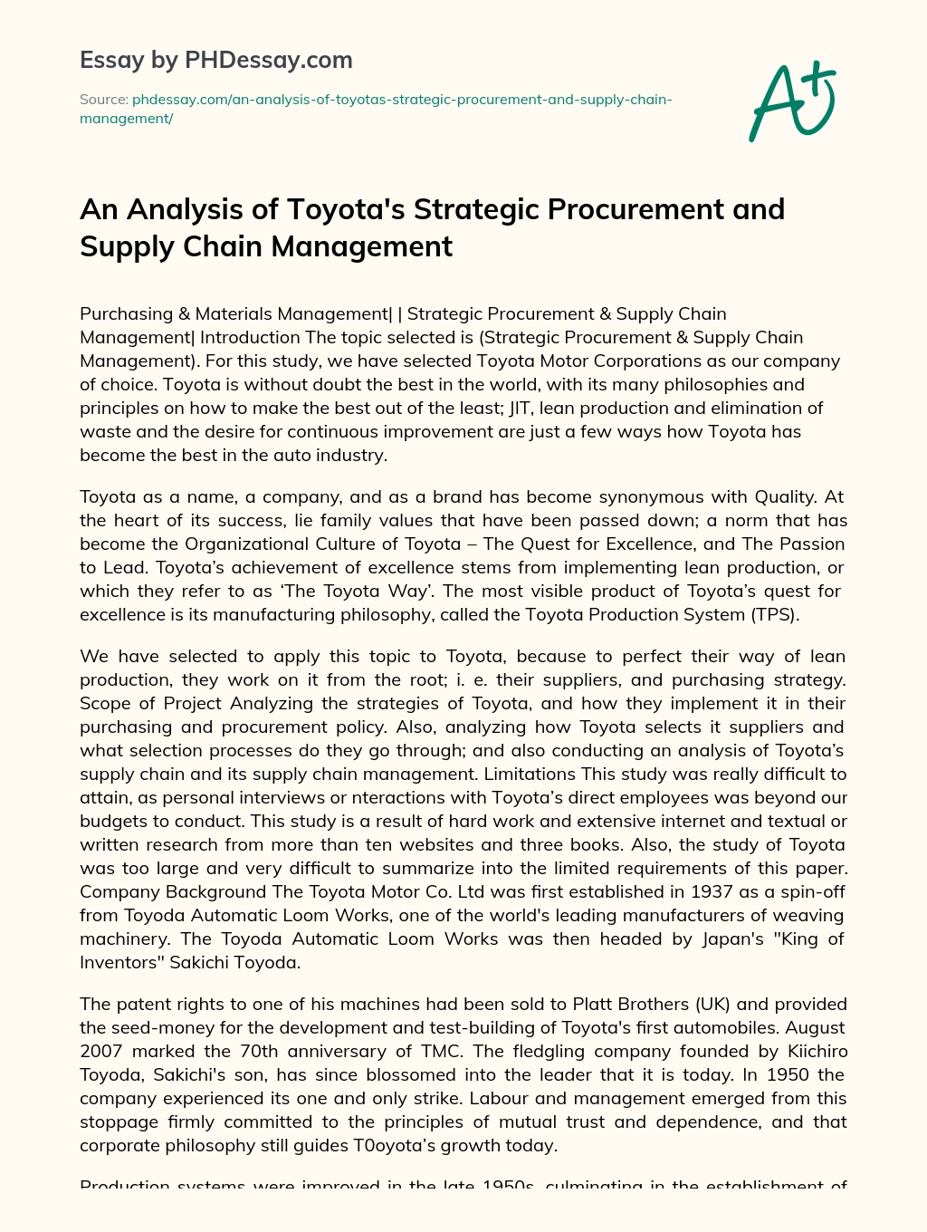 An Analysis of Toyota’s Strategic Procurement and Supply Chain Management essay