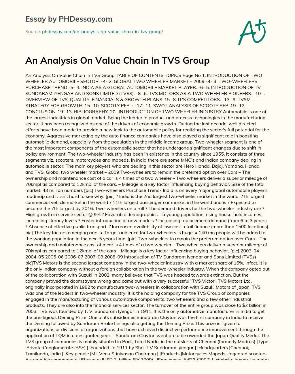 An Analysis On Value Chain In TVS Group essay