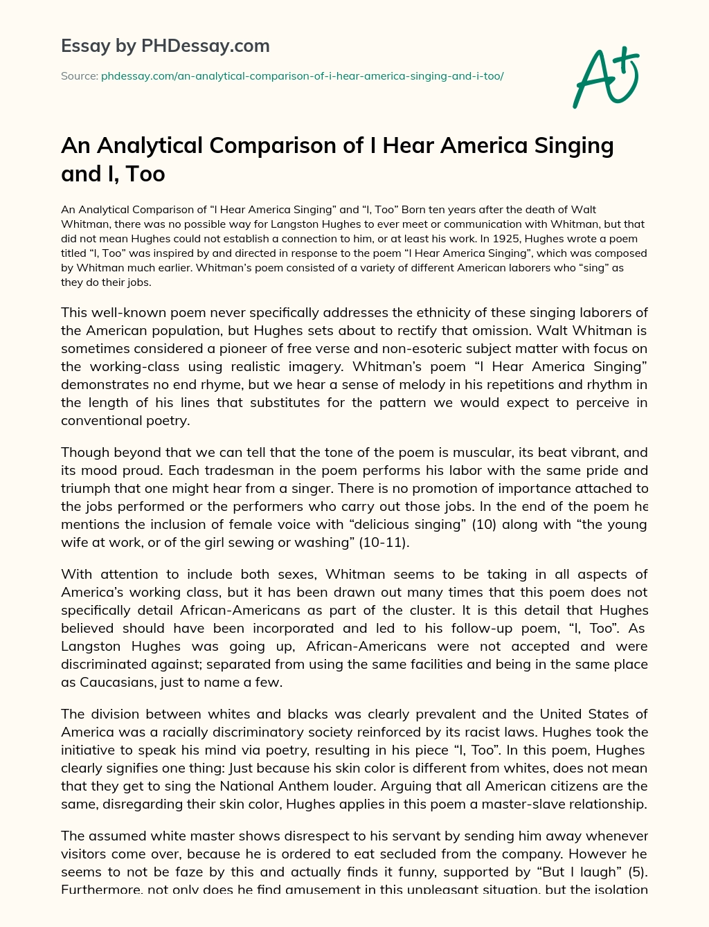 An Analytical Comparison of I Hear America Singing and I, Too essay