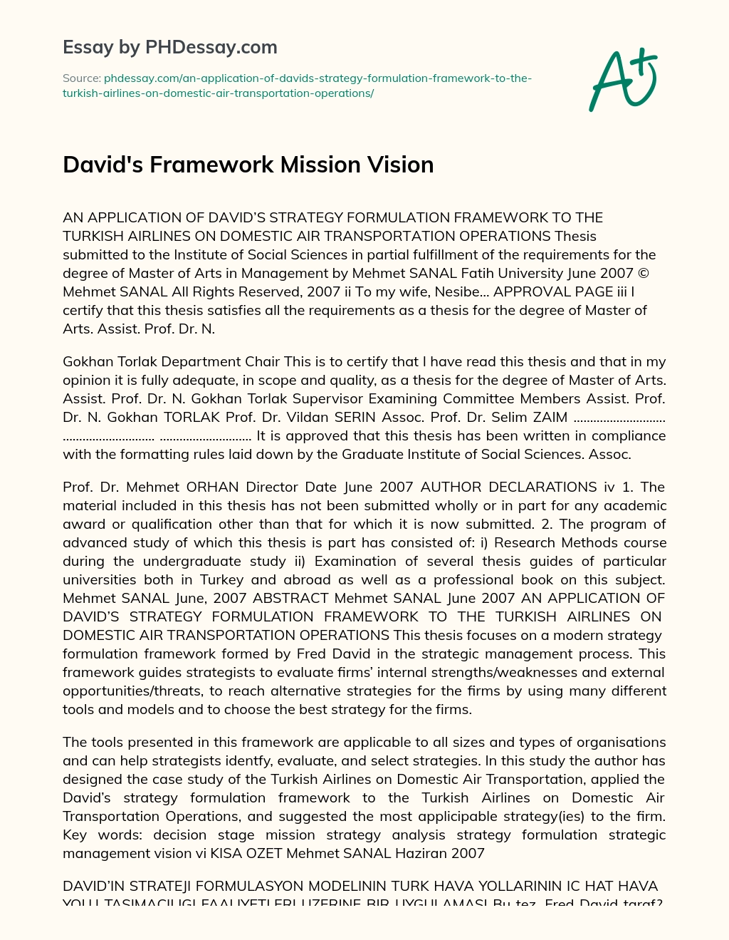 David’s Framework Mission Vision essay