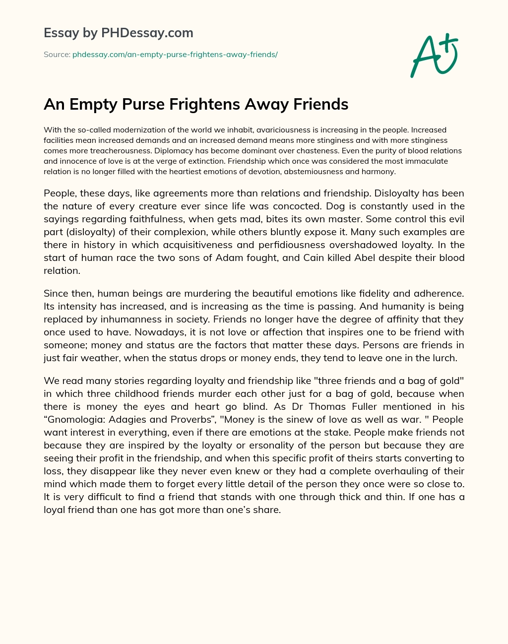 An Empty Purse Frightens Away Friends essay