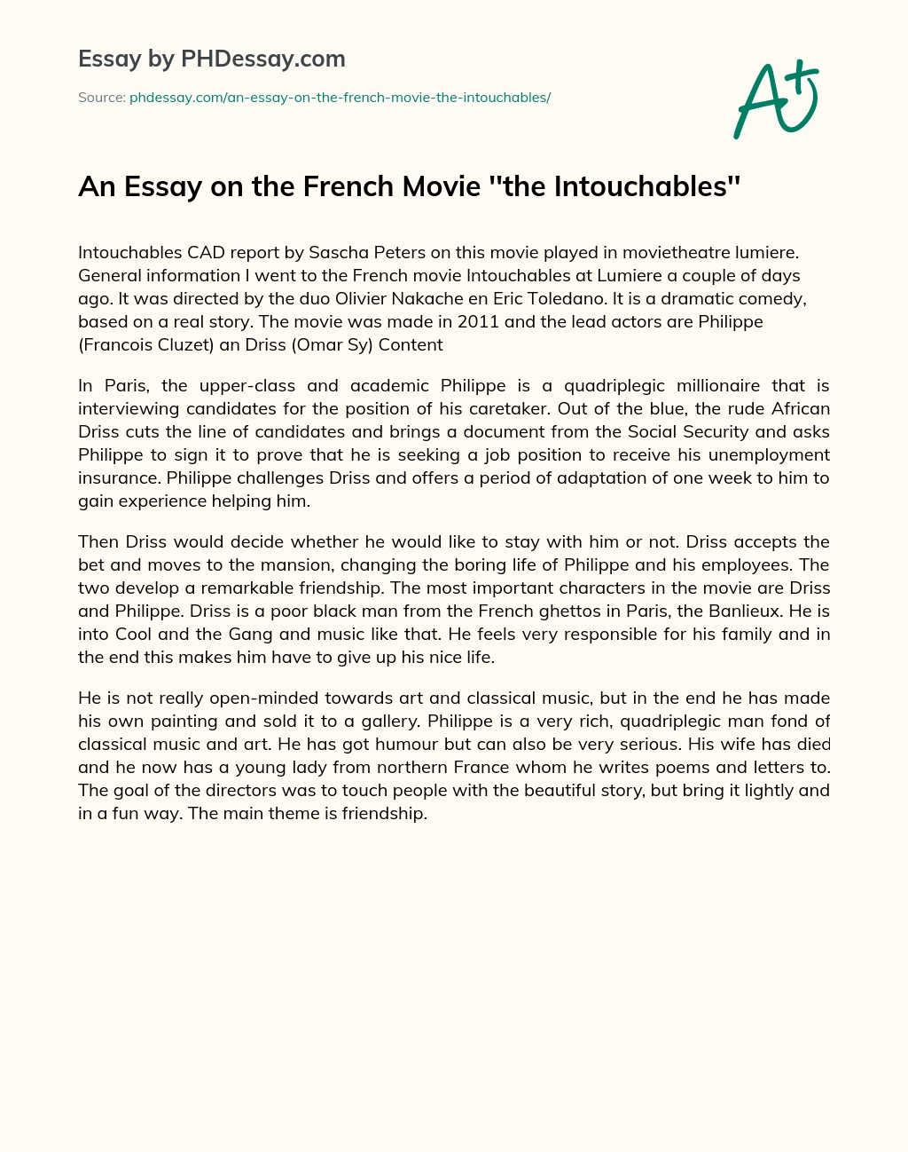 An Essay on the French Movie ”the Intouchables” essay