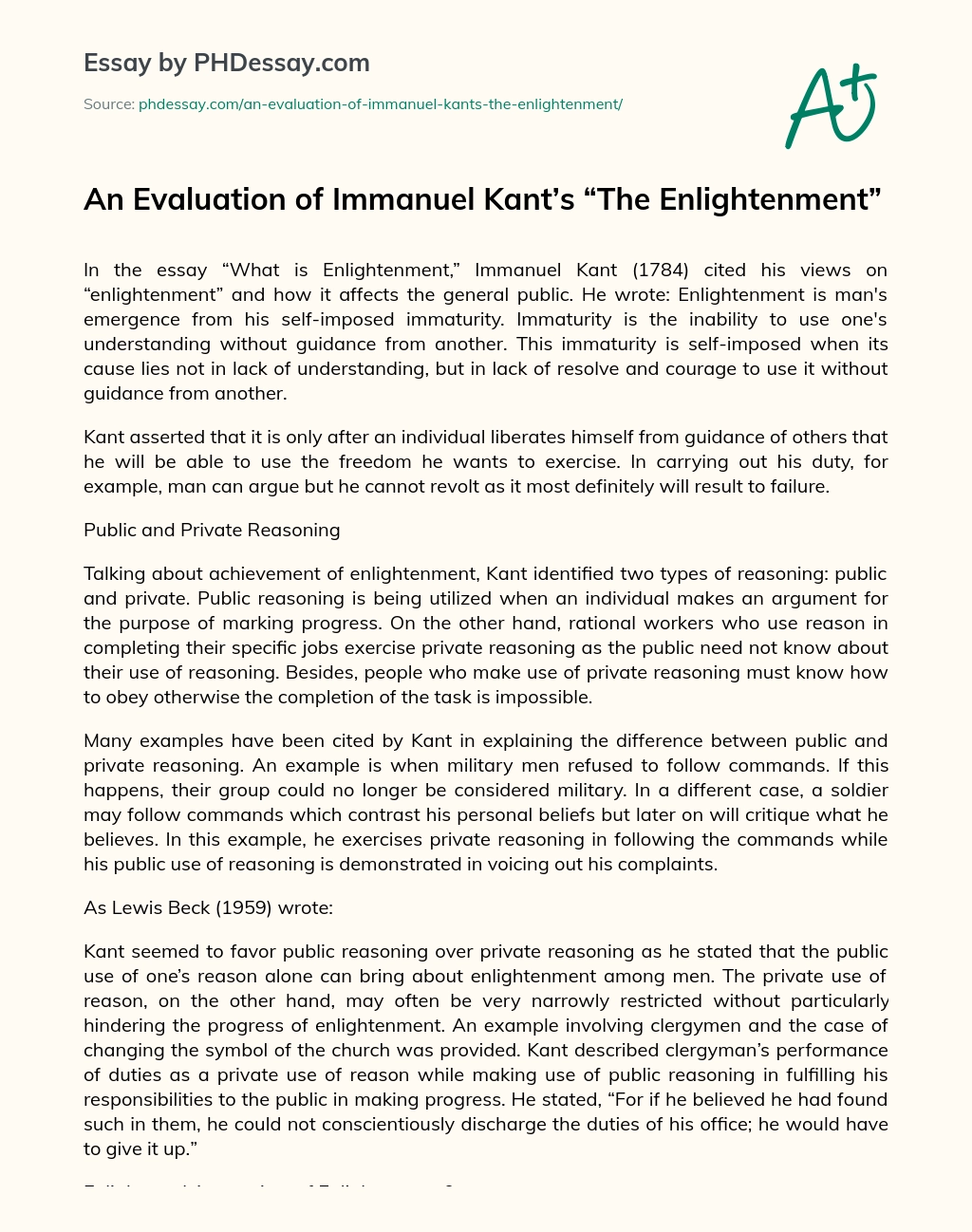 An Evaluation of Immanuel Kant’s “The Enlightenment” essay