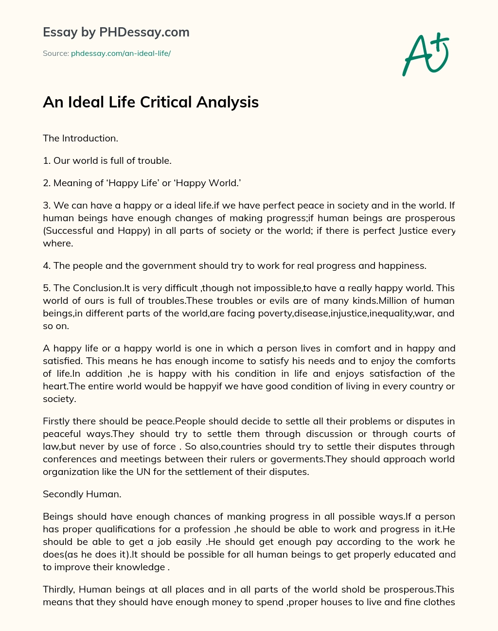 An Ideal Life Critical Analysis essay