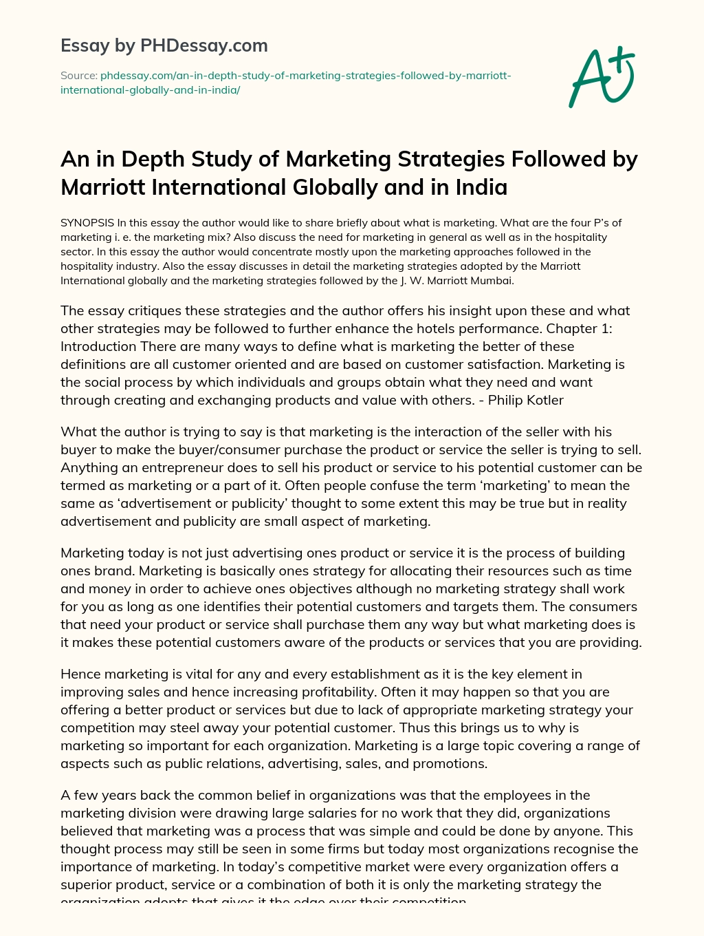 An in Depth Study of Marketing Strategies Followed by Marriott International Globally and in India essay