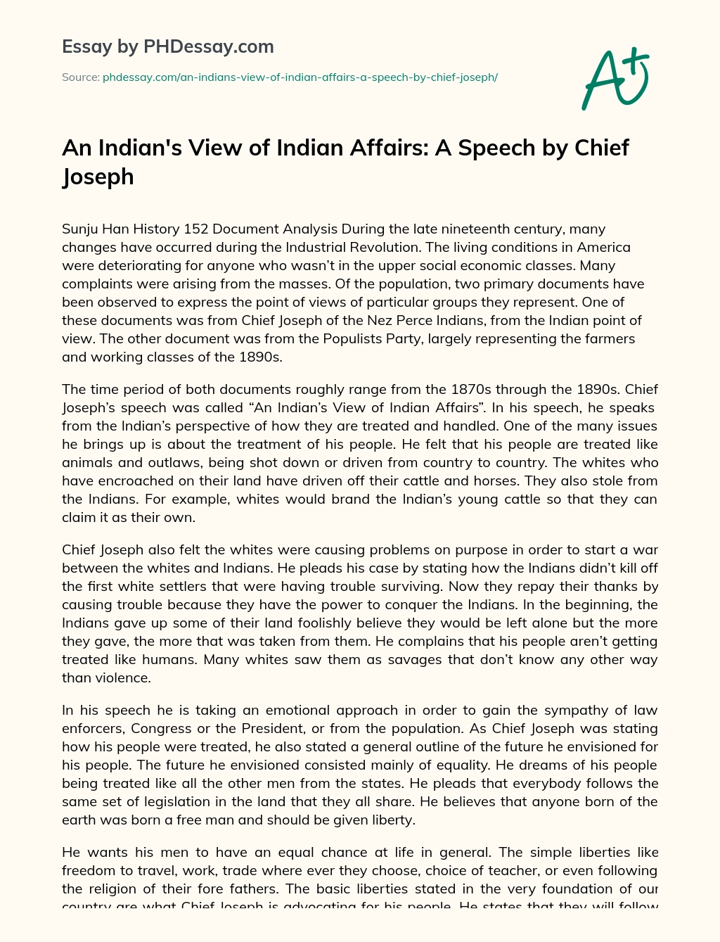 An Indian’s View of Indian Affairs: A Speech by Chief Joseph essay