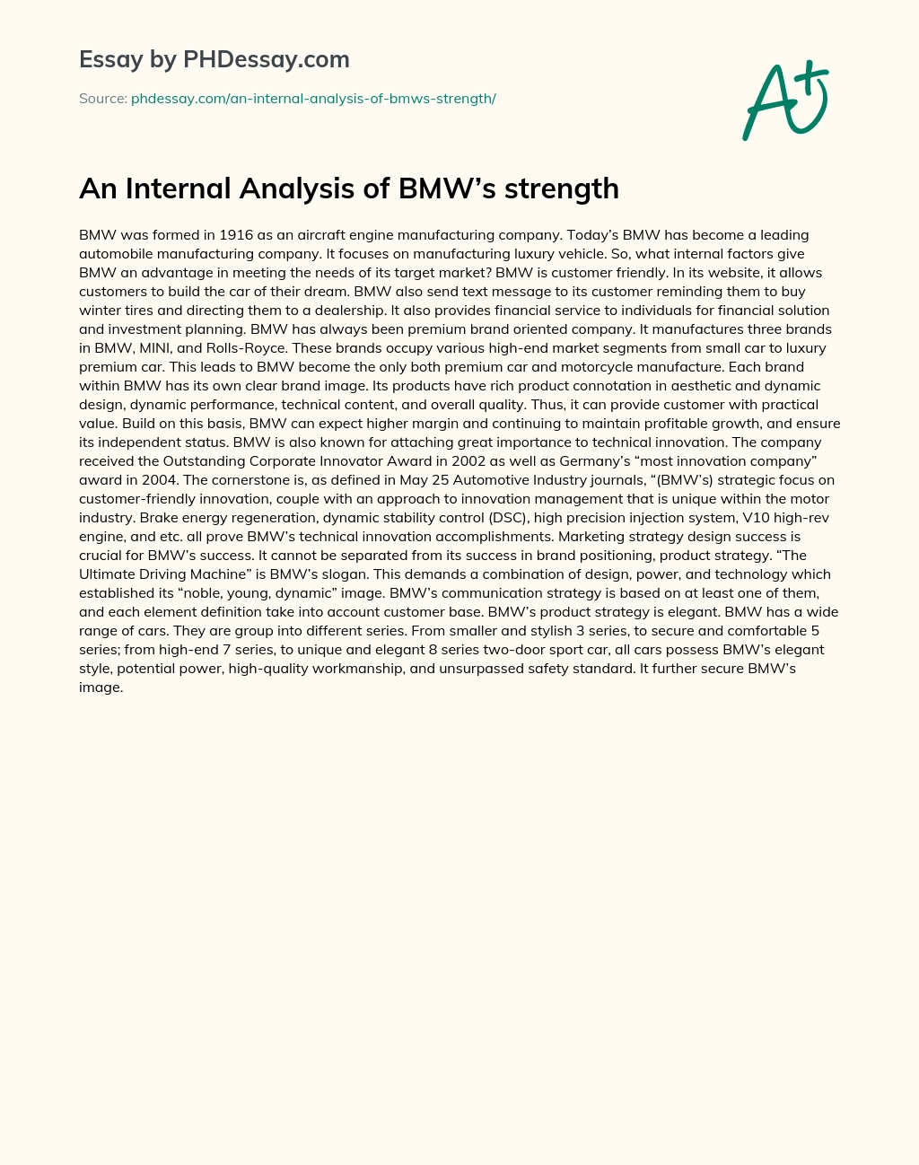 An Internal Analysis of BMW’s strength essay
