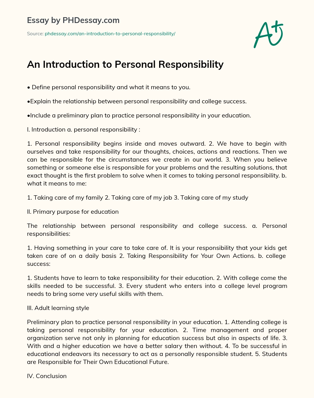 An Introduction to Personal Responsibility essay