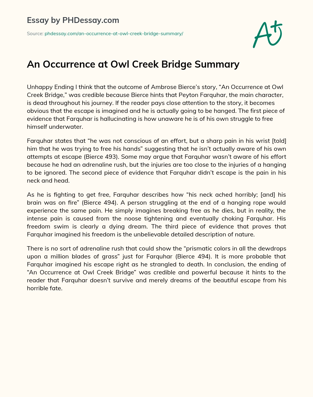 An Occurrence at Owl Creek Bridge Summary essay