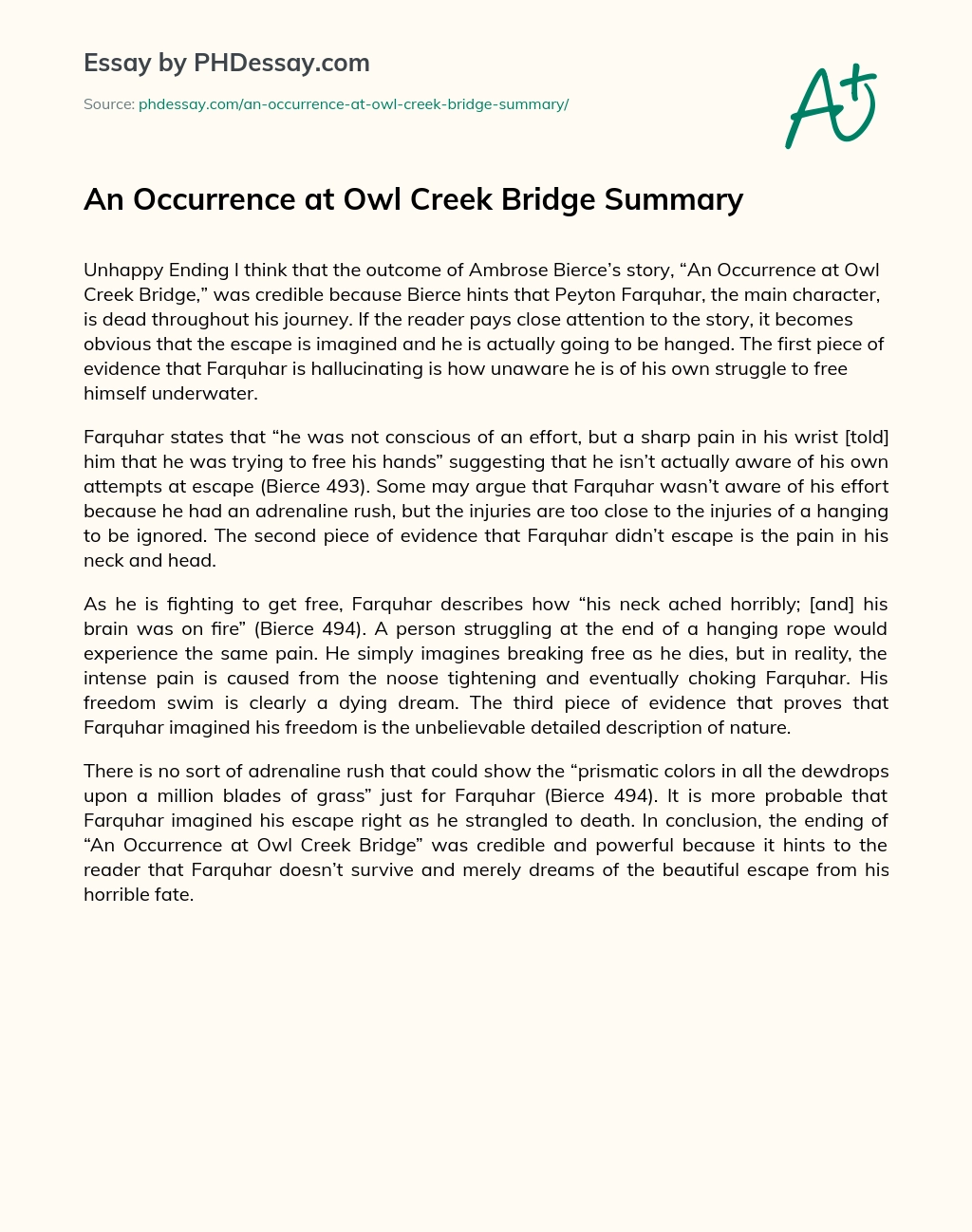 An Occurrence At Owl Creek Bridge Summary Essay Example 300 Words PHDessay