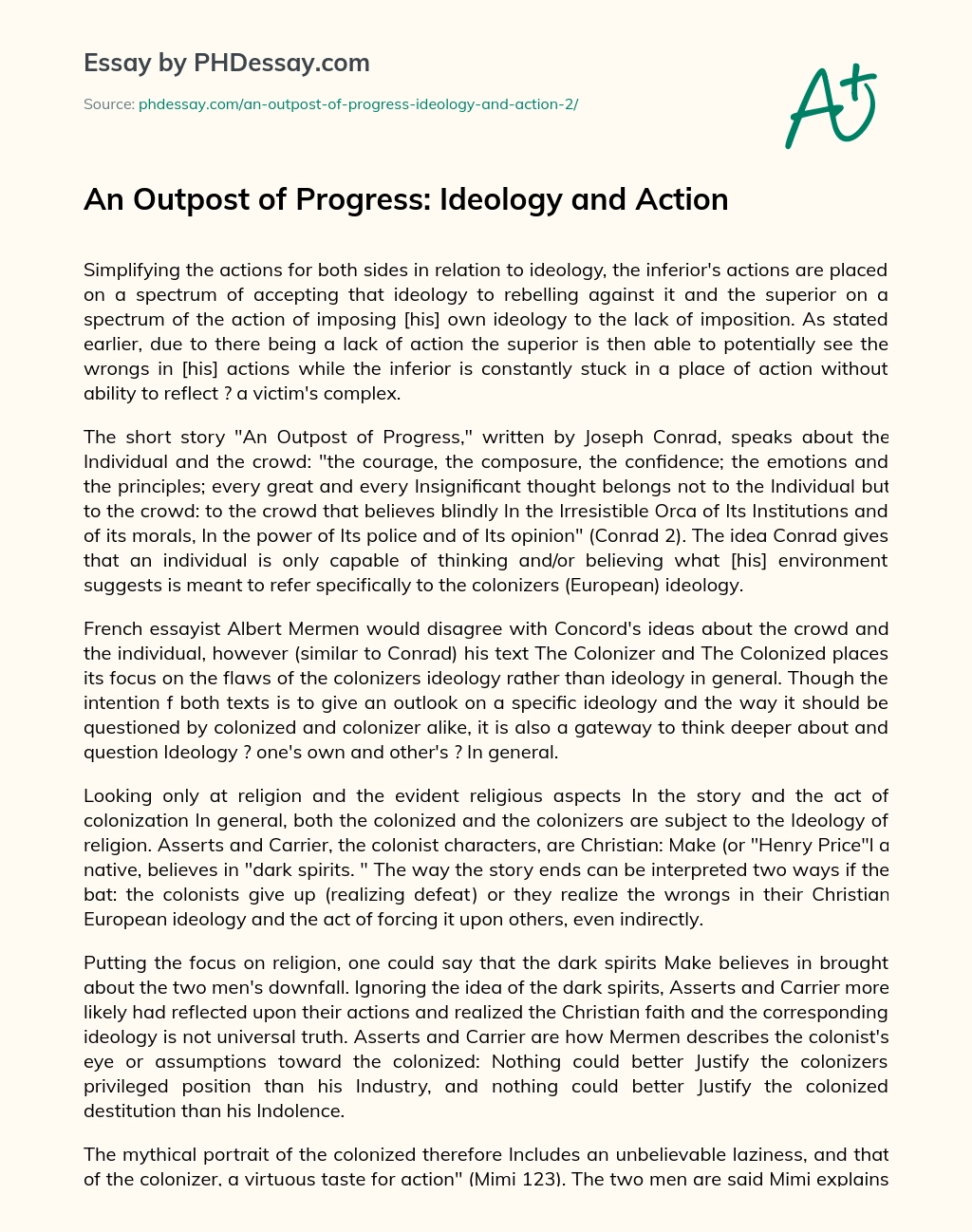 An Outpost of Progress: Ideology and Action essay